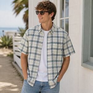 Columbia Men XXL Plaid Button Up Shirt Short Sleeve Green Blue Regular Fit